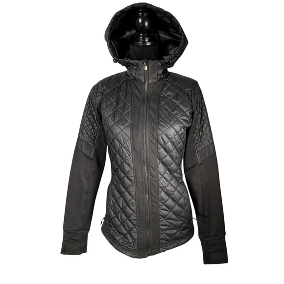 Athleta Black Jacket Quilted Hoodie Zip Front Running Soft Shell Thumb Holes - Picture 12 of 12